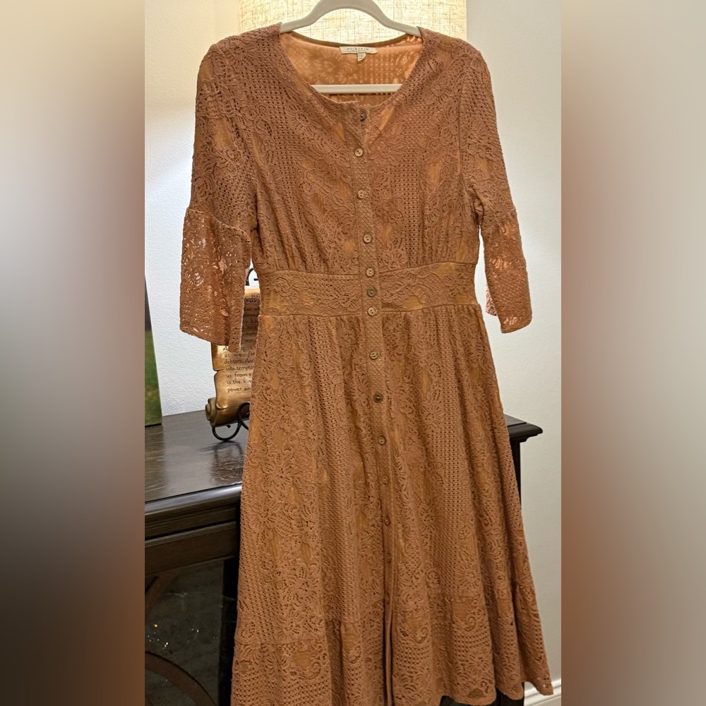 Elegant Lace Button-Down Dress in Tan